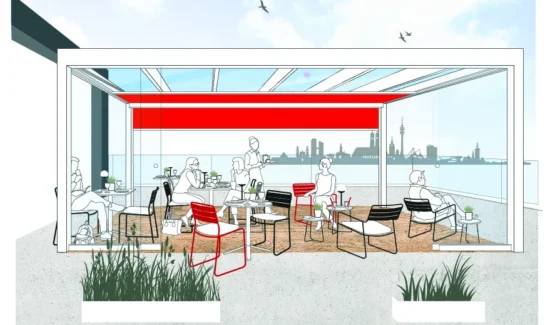 Illustration eines modernen Cafés mit Glasüberdachung und Stadtpanorama