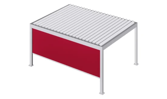 Moderne Pergola mit roter Seitenwand und Lamellendach